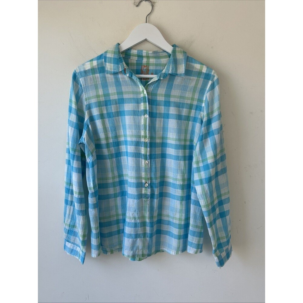J. McLaughlin Blue White Multi Plaid Crinkle Cotton Blend Button Blouse Size M